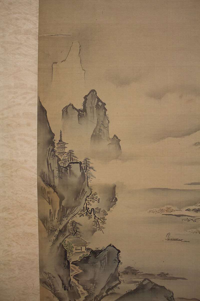 Mount Penglai with Eight Views of Xiao and Xiang, Kano Tansui Moritsune (active 19th century), One from a triptych of hanging scrolls; ink and color on silk, Japan