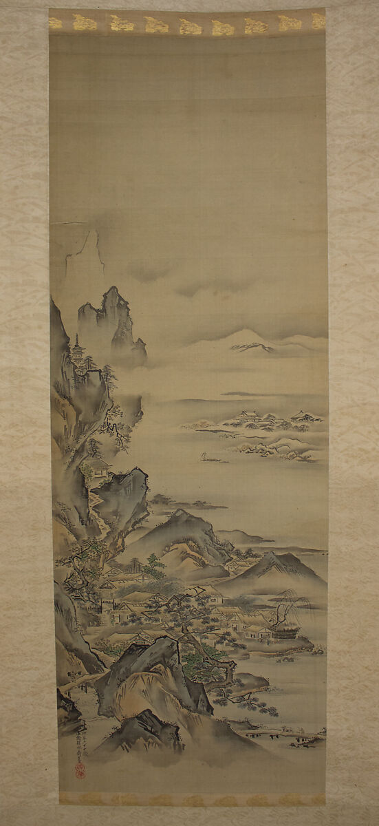Mount Penglai with Eight Views of Xiao and Xiang, Kano Tansui Moritsune (active 19th century), One from a triptych of hanging scrolls; ink and color on silk, Japan