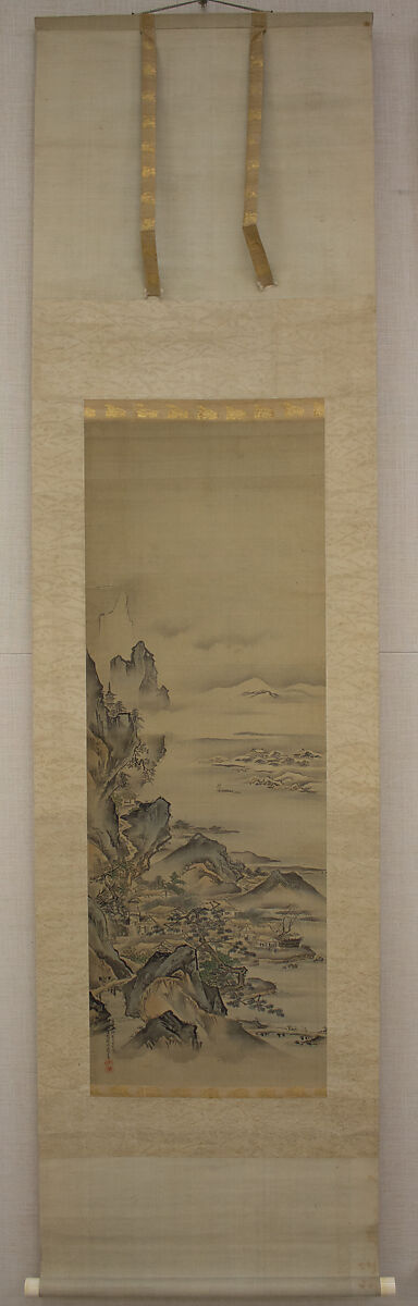 Mount Penglai with Eight Views of Xiao and Xiang, Kano Tansui Moritsune (active 19th century), One from a triptych of hanging scrolls; ink and color on silk, Japan