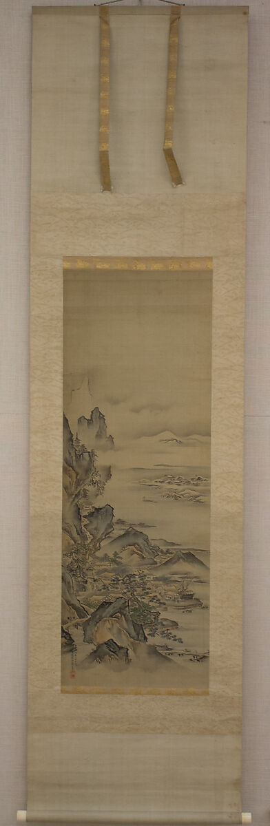 Mount Penglai with Eight Views of Xiao and Xiang, Kano Tansui Moritsune (active 19th century), One from a triptych of hanging scrolls; ink and color on silk, Japan