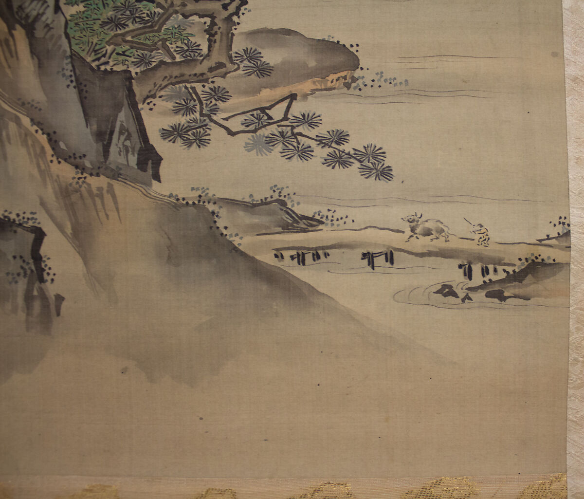 Mount Penglai with Eight Views of Xiao and Xiang, Kano Tansui Moritsune (active 19th century), One from a triptych of hanging scrolls; ink and color on silk, Japan