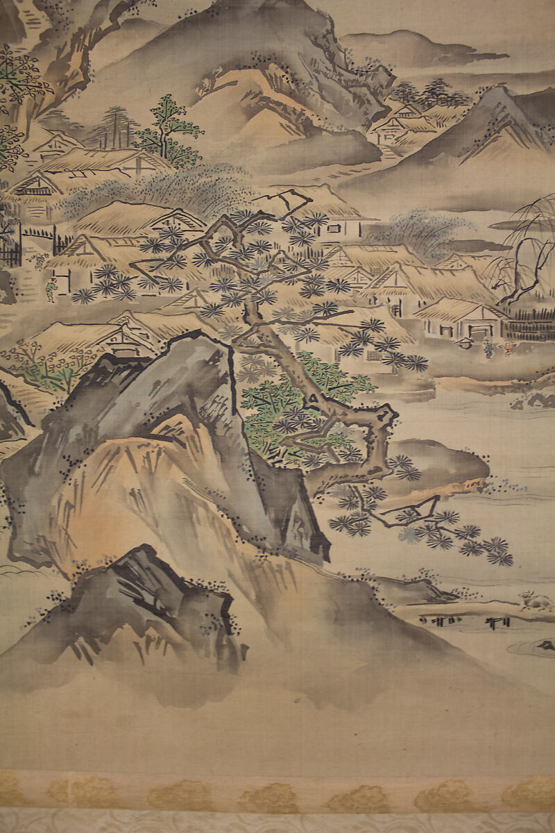 Mount Penglai with Eight Views of Xiao and Xiang, Kano Tansui Moritsune (active 19th century), One from a triptych of hanging scrolls; ink and color on silk, Japan