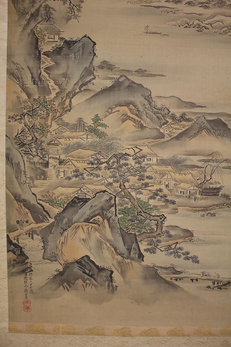 Mount Penglai with Eight Views of Xiao and Xiang, Kano Tansui Moritsune (active 19th century), One from a triptych of hanging scrolls; ink and color on silk, Japan