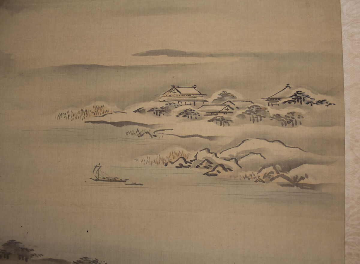 Mount Penglai with Eight Views of Xiao and Xiang, Kano Tansui Moritsune (active 19th century), One from a triptych of hanging scrolls; ink and color on silk, Japan
