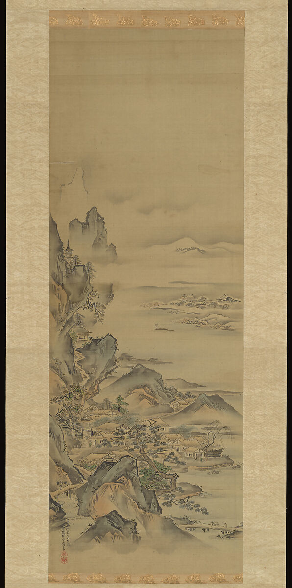 Mount Penglai with Eight Views of Xiao and Xiang, Kano Tansui Moritsune  Japanese, One from a triptych of hanging scrolls; ink and color on silk, Japan