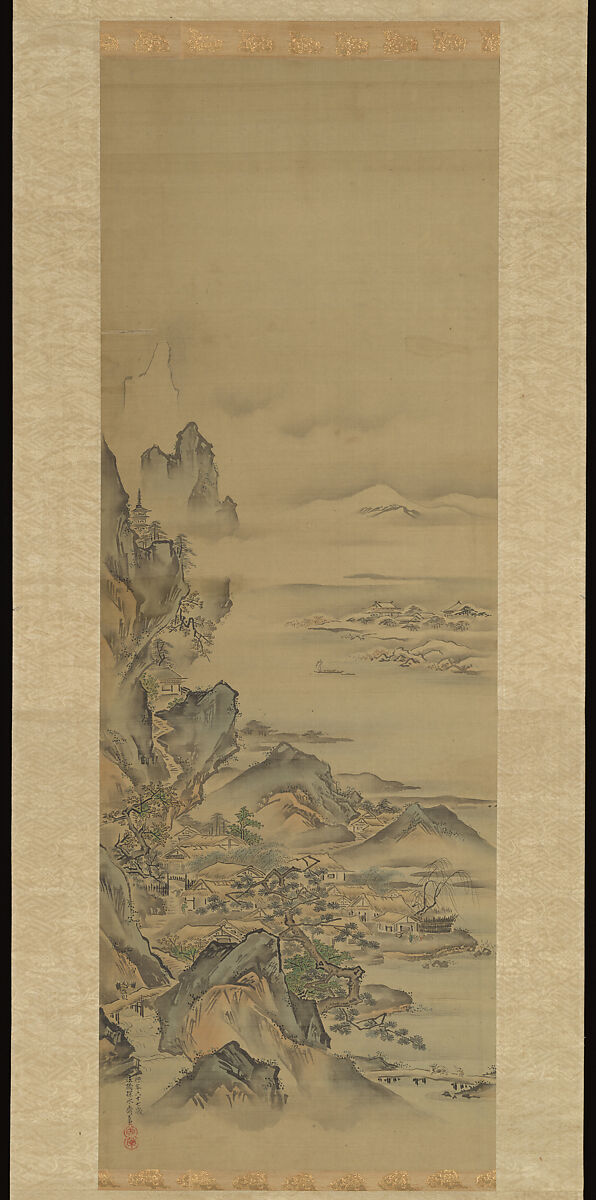 Mount Penglai with Eight Views of Xiao and Xiang, Kano Tansui Moritsune (active 19th century), One from a triptych of hanging scrolls; ink and color on silk, Japan 