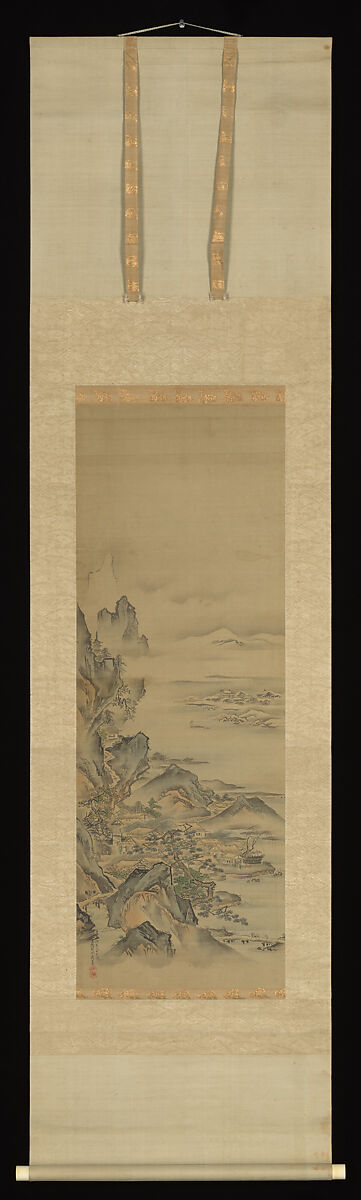Mount Penglai with Eight Views of Xiao and Xiang, Kano Tansui Moritsune (active 19th century), One from a triptych of hanging scrolls; ink and color on silk, Japan