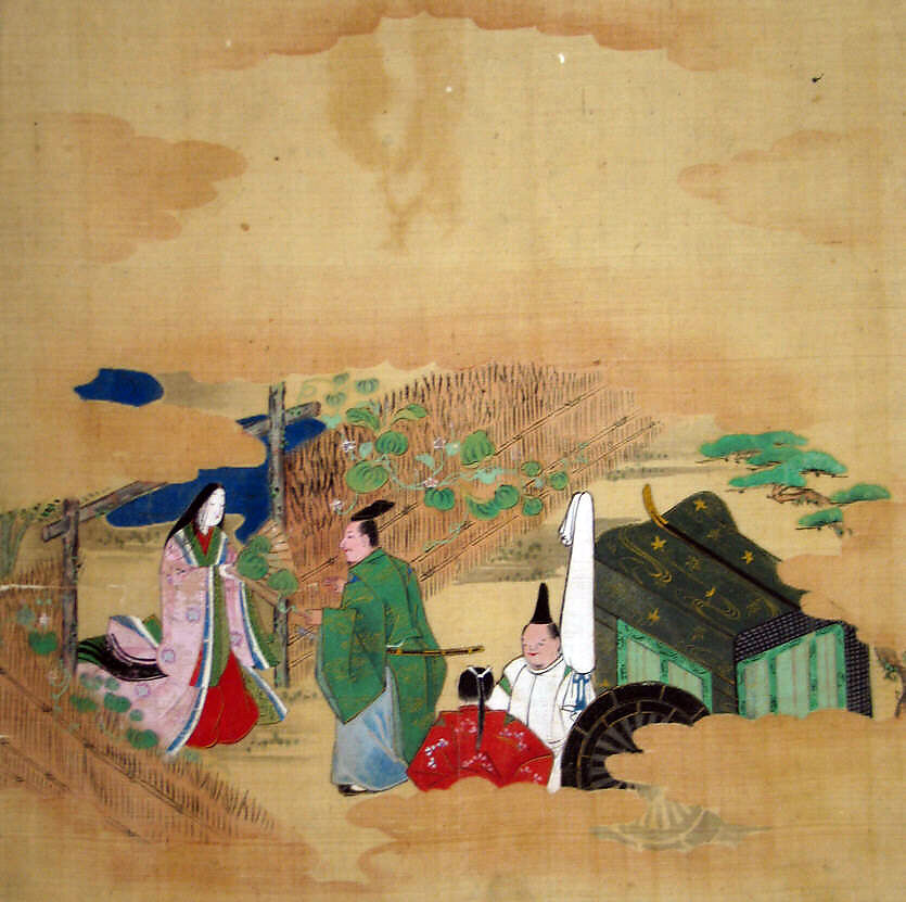Scene from The Tale of Genji: Chapter 4, "Evening Face" (Yūgao), Tosa School, Matted painting; ink and color on silk, Japan 