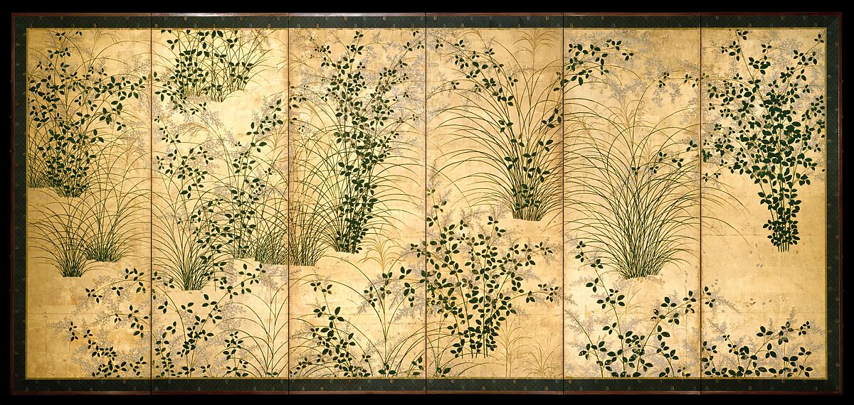 Autumn Grasses, Pair of six-panel folding screens; ink and color on gilt paper, Japan 