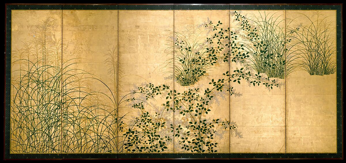 Autumn Grasses, Pair of six-panel folding screens; ink and color on gilt paper, Japan