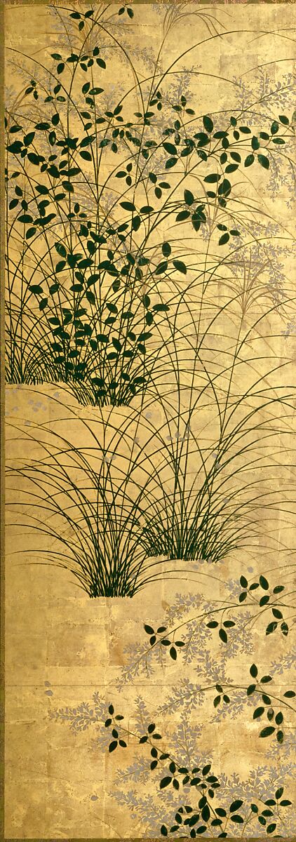 Autumn Grasses, Pair of six-panel folding screens; ink and color on gilt paper, Japan