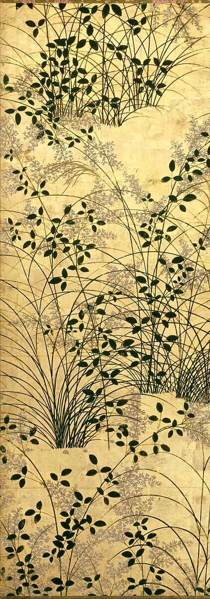 Autumn Grasses, Pair of six-panel folding screens; ink and color on gilt paper, Japan