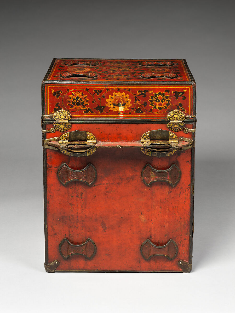 Traveling box with lotus scrolls, Polychromatic lacquer, leather, wood, and iron damascened with gold, China
