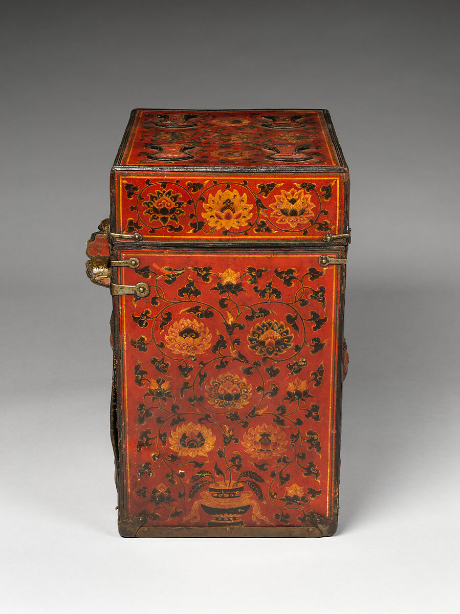 Traveling box with lotus scrolls, Polychromatic lacquer, leather, wood, and iron damascened with gold, China