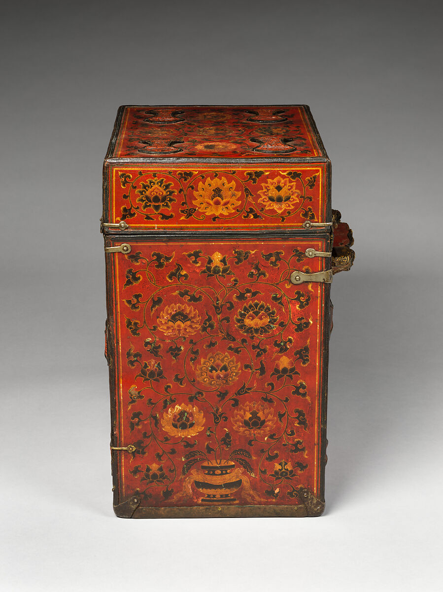 Traveling box with lotus scrolls, Polychromatic lacquer, leather, wood, and iron damascened with gold, China