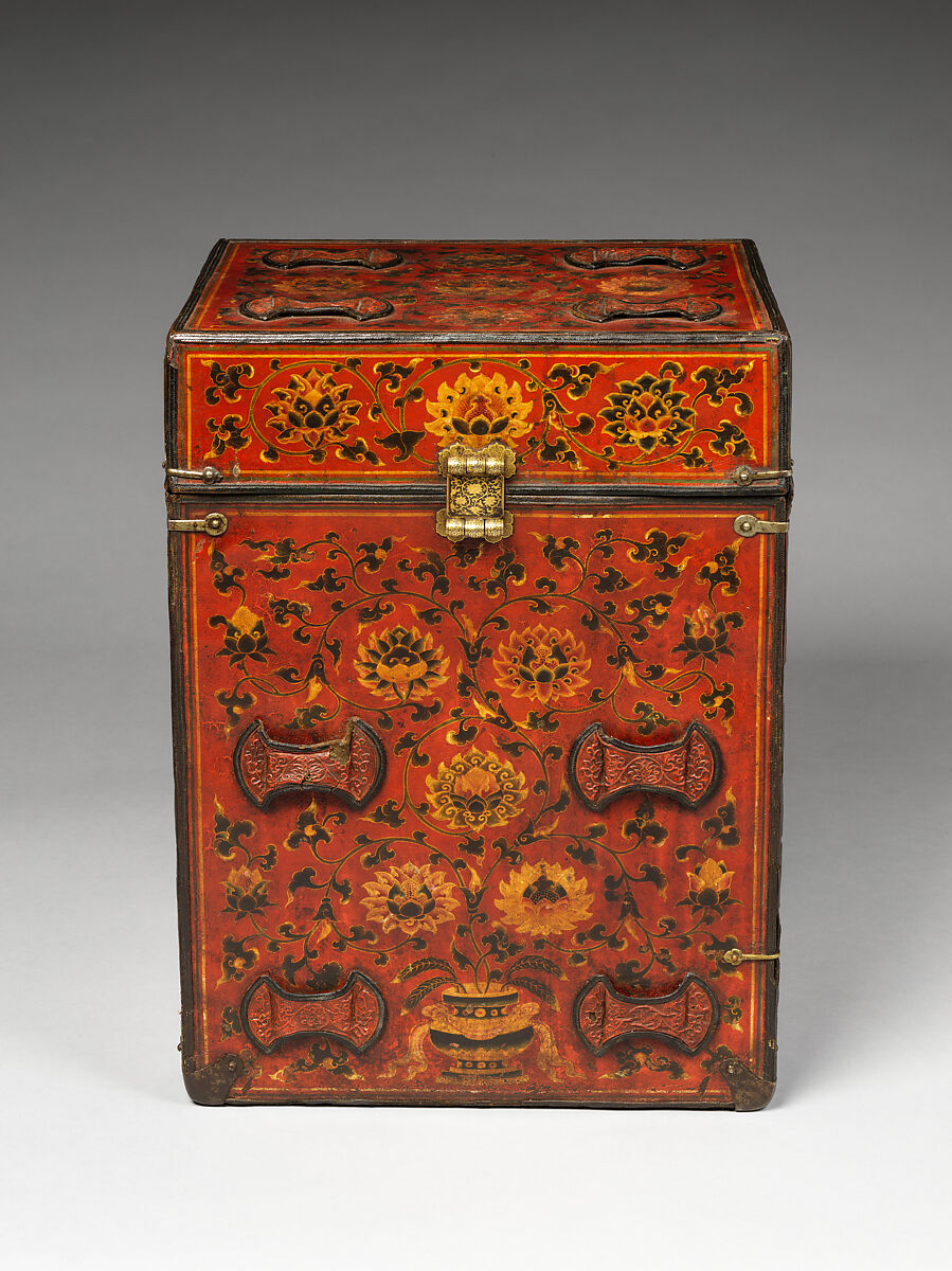 Traveling box with lotus scrolls, Polychromatic lacquer, leather, wood, and iron damascened with gold, China