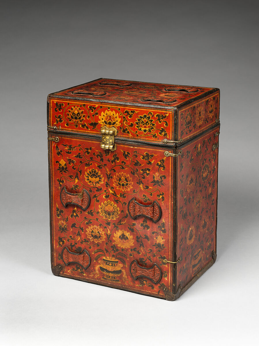 Traveling box with lotus scrolls, Polychromatic lacquer, leather, wood, and iron damascened with gold, China 