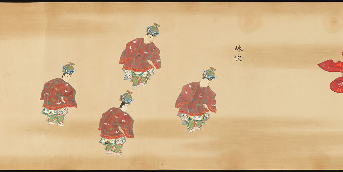 Bugaku Scroll, Handscroll from set of two; ink, color, and gold on paper, Japan