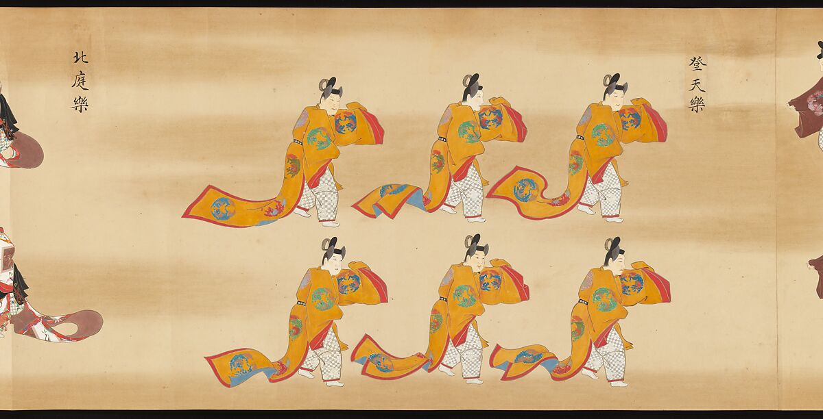 Bugaku Scroll, Handscroll from set of two; ink, color, and gold on paper, Japan