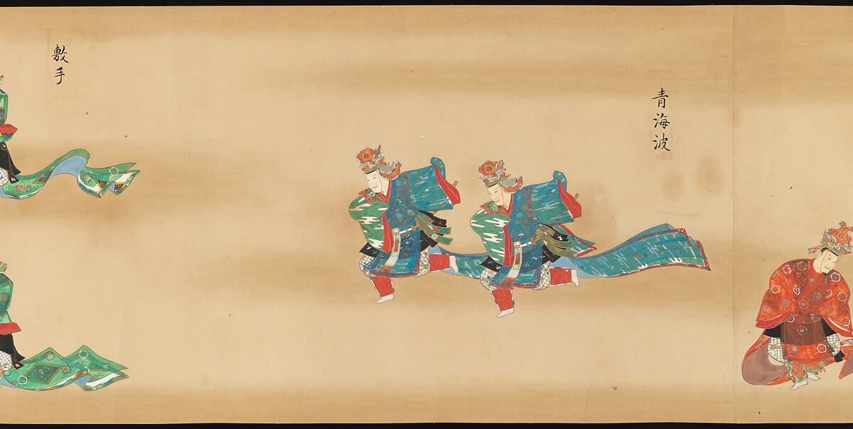 Bugaku Scroll, Handscroll from set of two; ink, color, and gold on paper, Japan