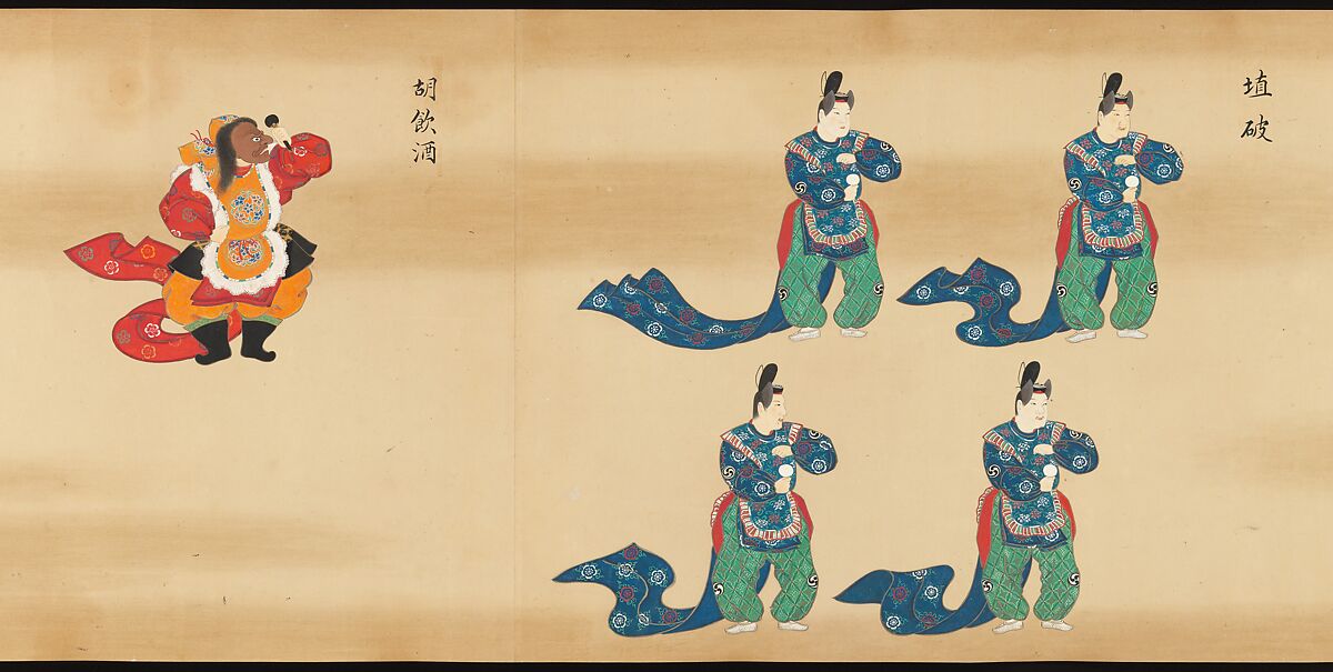 Bugaku Scroll, Handscroll from set of two; ink, color, and gold on paper, Japan