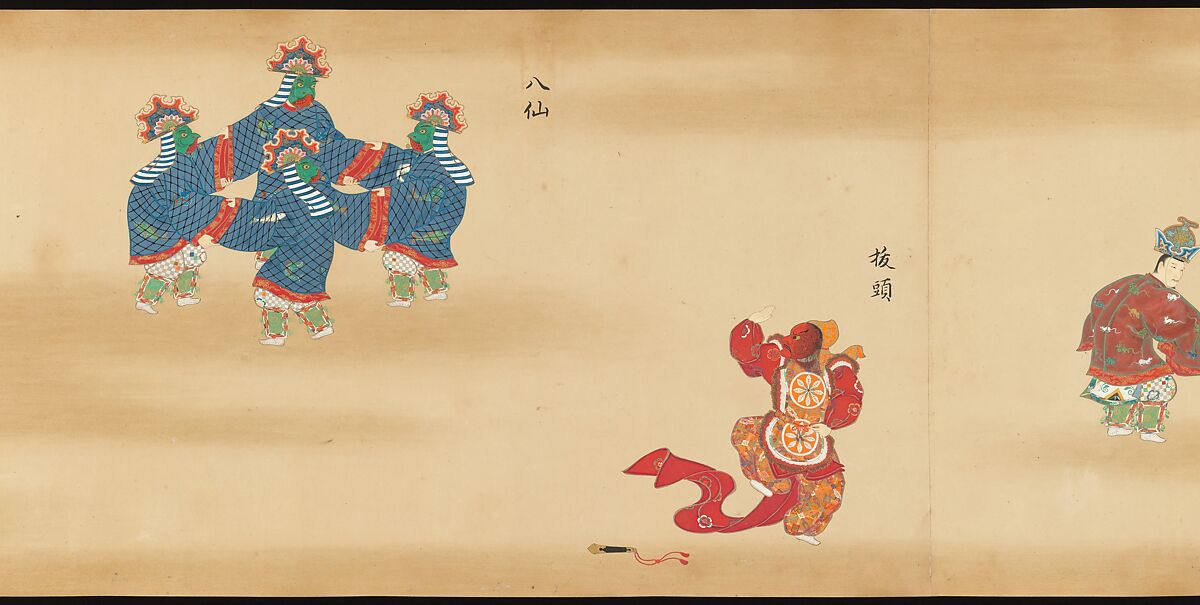 Bugaku Scroll, Handscroll from set of two; ink, color, and gold on paper, Japan