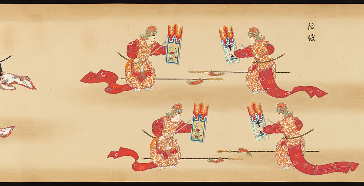 Bugaku Scroll, Handscroll from set of two; ink, color, and gold on paper, Japan