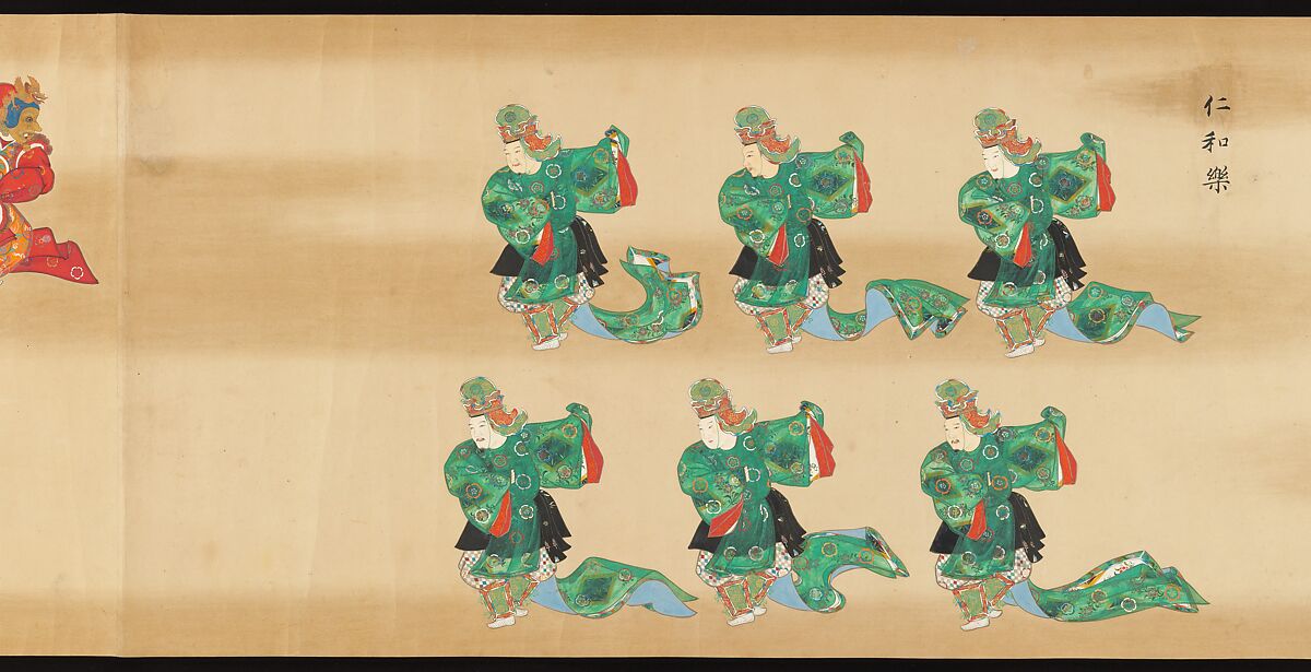 Bugaku Scroll, Handscroll from set of two; ink, color, and gold on paper, Japan