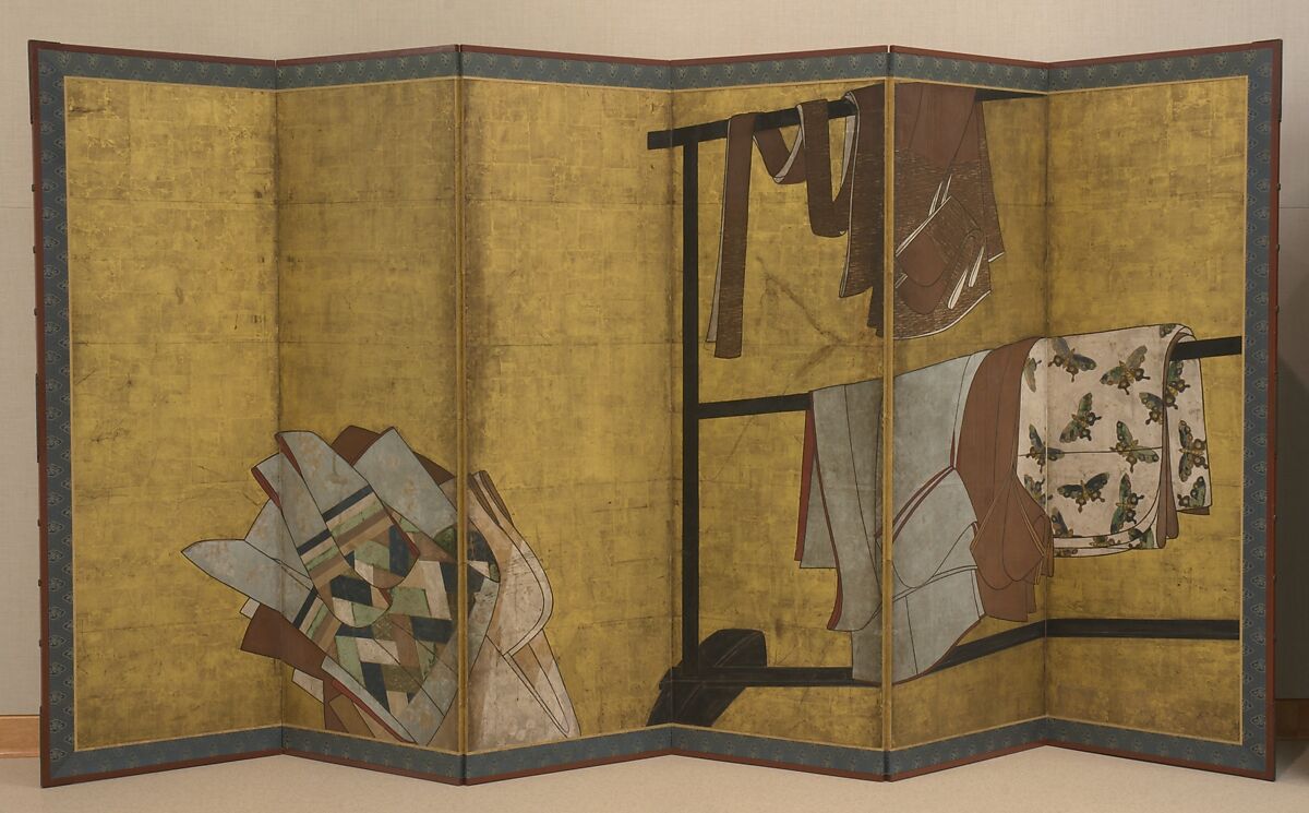 Whose Sleeves? (Tagasode), Six-panel folding screen; ink, color, and gold on paper, Japan 