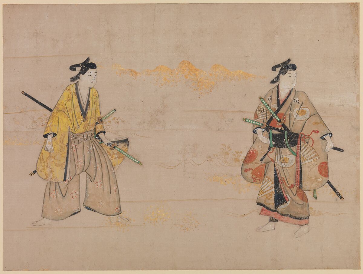 Beauties and Young Gallants, Album leaves; ink and color on paper, Japan