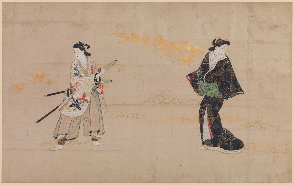 Beauties and Young Gallants, Album leaves; ink and color on paper, Japan