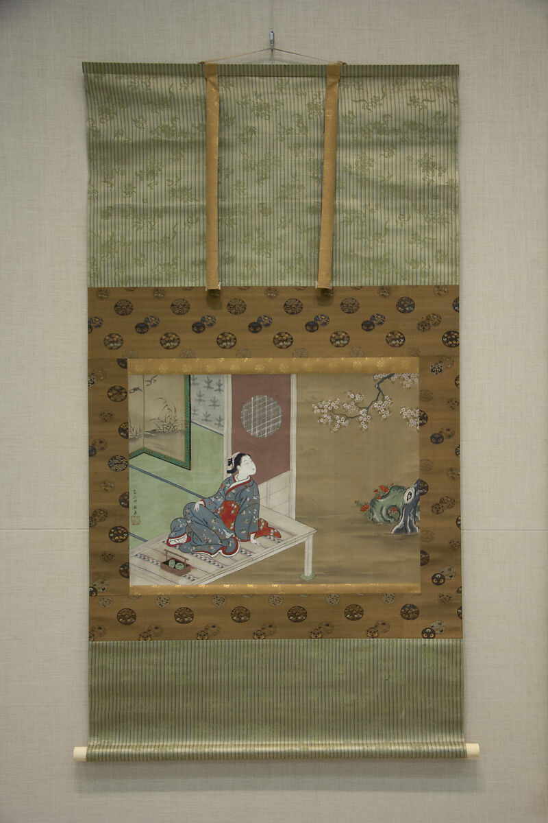 Courtesan Resting on the Veranda, Furuyama Moromasa (Japanese, 1712–1772), Hanging scroll; ink and color on silk, Japan