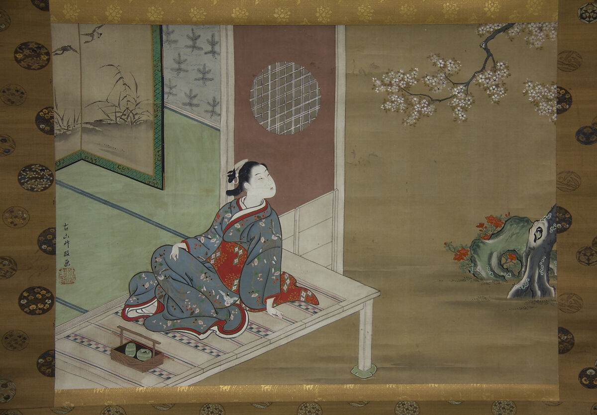 Courtesan Resting on the Veranda, Furuyama Moromasa (Japanese, 1712–1772), Hanging scroll; ink and color on silk, Japan 