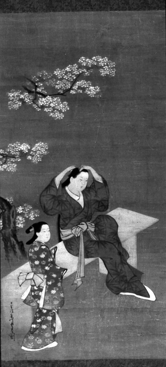 Woman Binding Her Hair and Attendant under Flowering Cherry Tree, In the Style of Miyagawa Chōshun (Japanese, 1683–1753), Hanging scroll; ink and color on silk, Japan 