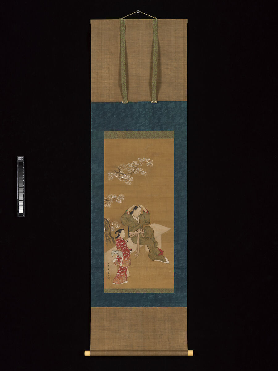 Woman Binding Her Hair and Attendant under Flowering Cherry Tree, In the Style of Miyagawa Chōshun (Japanese, 1683–1753), Hanging scroll; ink and color on silk, Japan