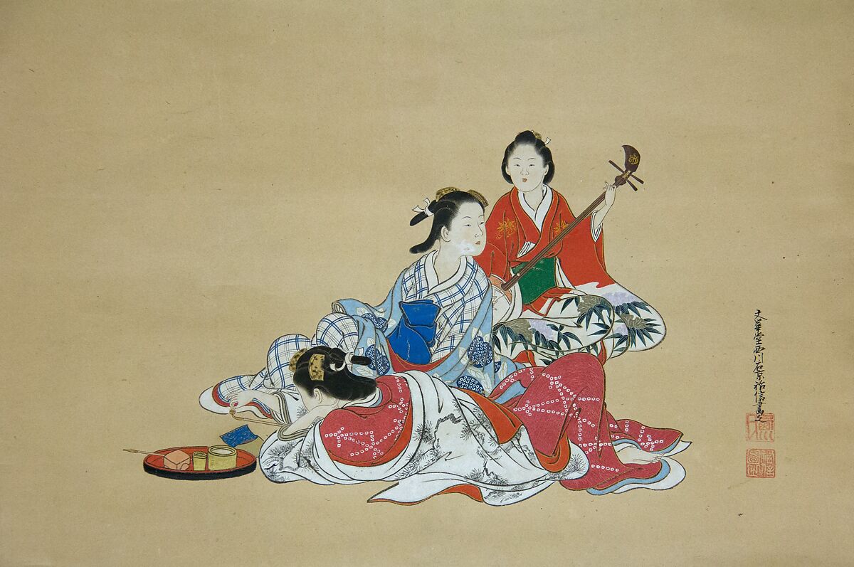 Three Beauties, Nishikawa Sukenobu (Japanese, 1671–1750), Hanging scroll; ink and color on paper, Japan 