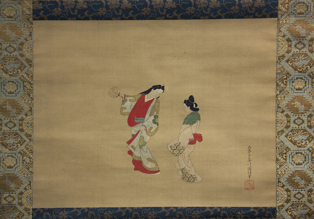 Woman and Attendant, Nishikawa Sukenobu (Japanese, 1671–1750), Hanging scroll; ink and color on silk, Japan 