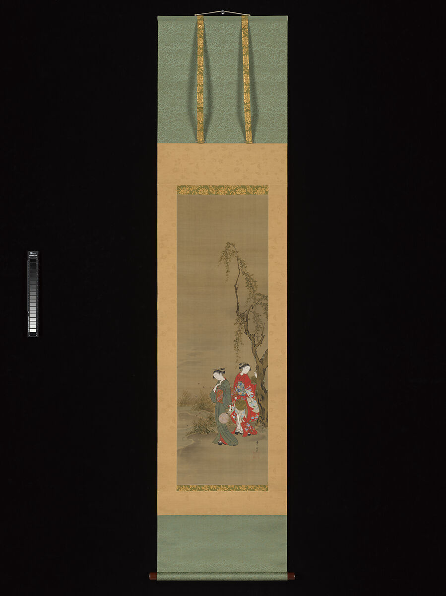 Two Girls Catching Fireflies, Kawamata Tsunemasa (active 1716–48), Hanging scroll; ink, color, and gold on silk, Japan