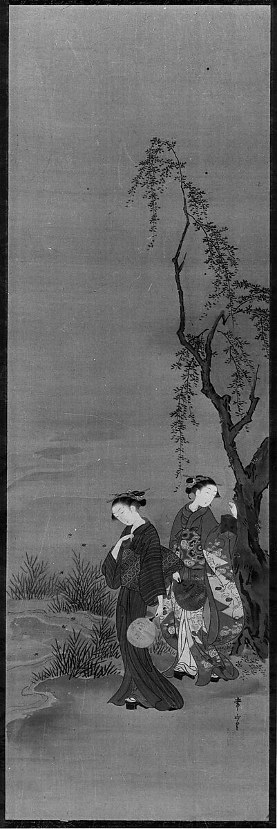 Two Girls Catching Fireflies, Kawamata Tsunemasa (active 1716–48), Hanging scroll; ink, color, and gold on silk, Japan 