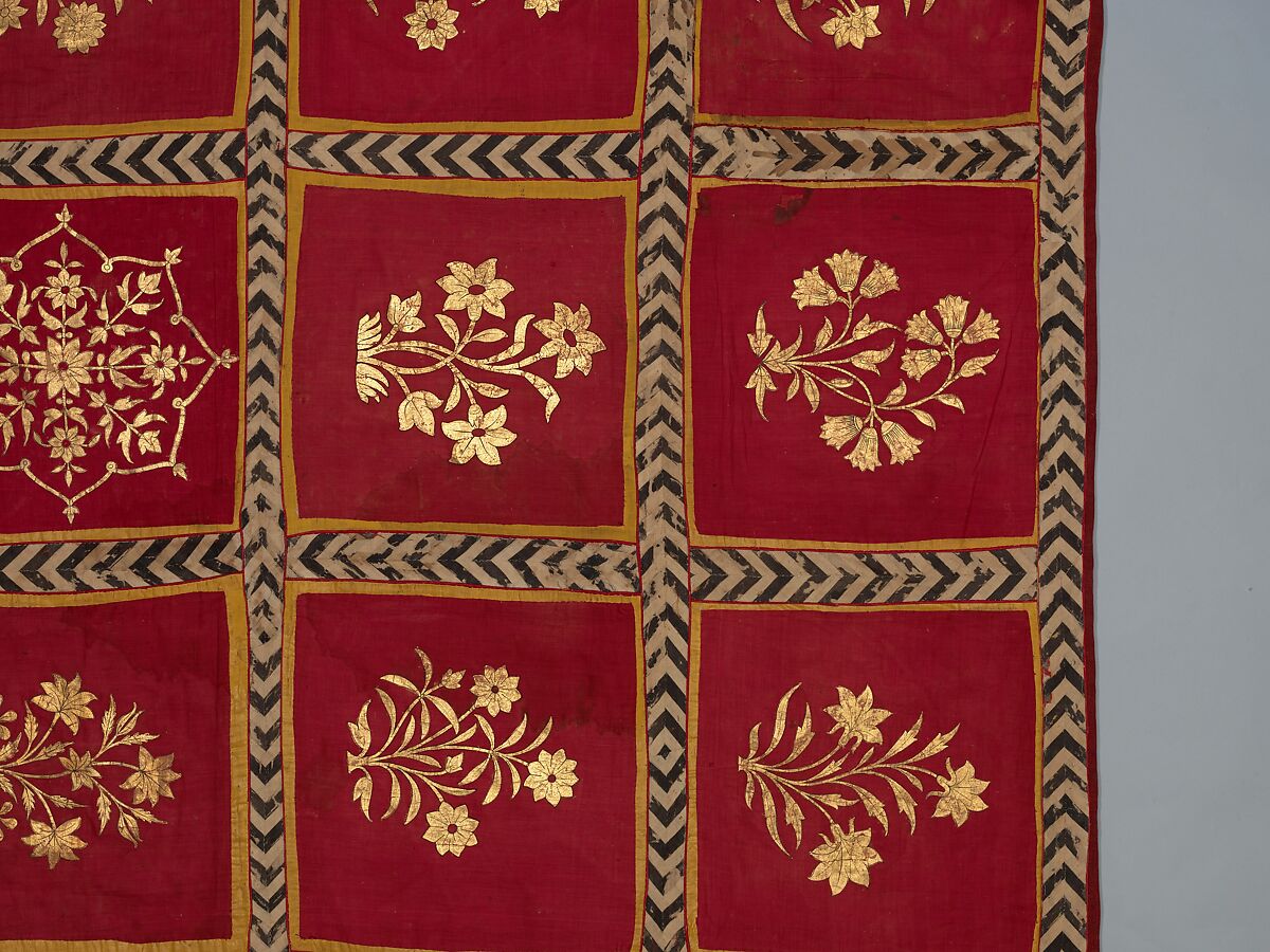 Floral Canopy or Screen, Cotton, gold leaf; plain weave, painted