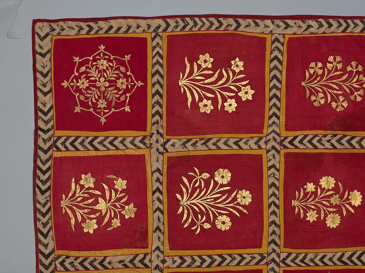 Floral Canopy or Screen, Cotton, gold leaf; plain weave, painted