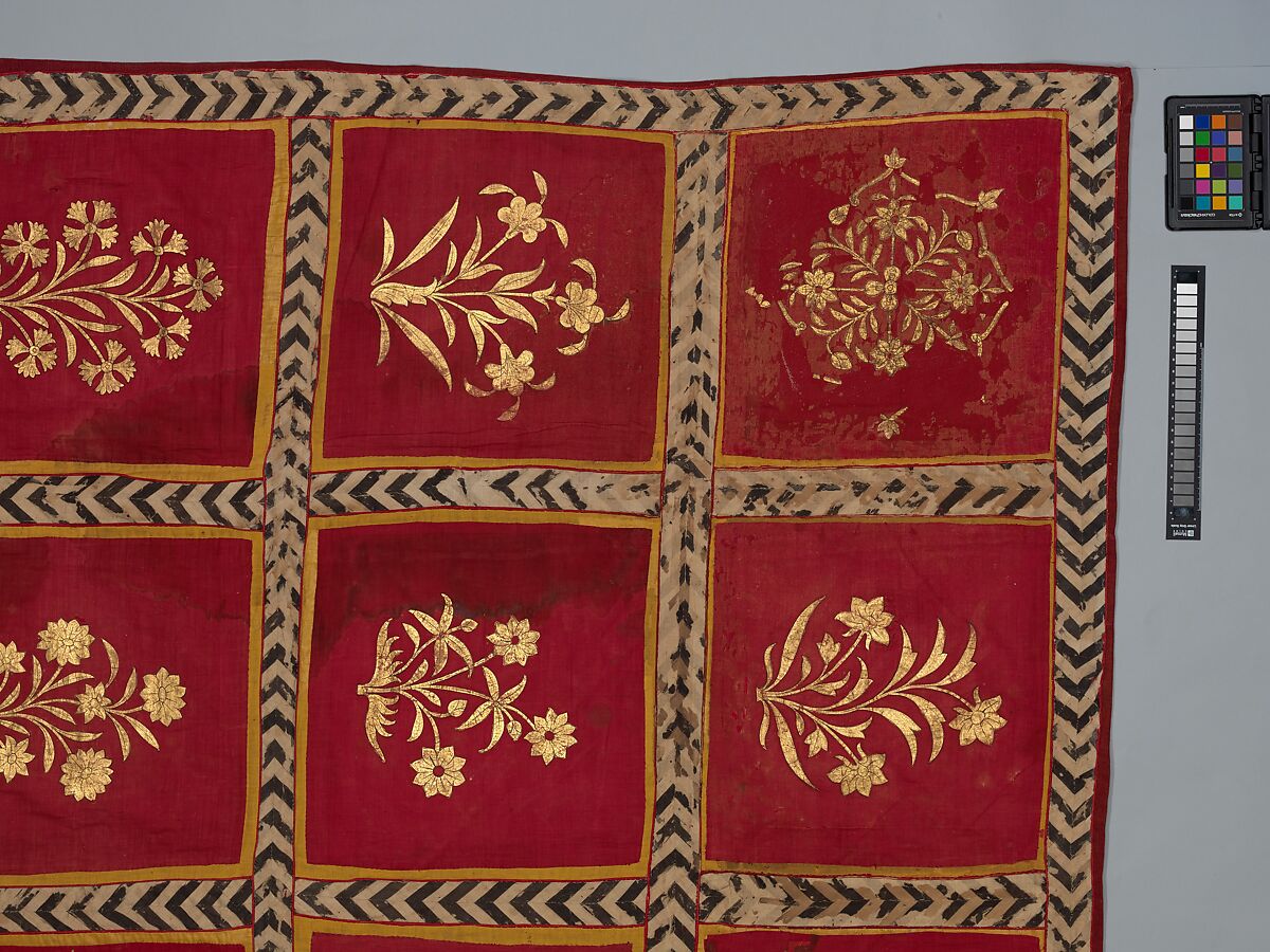 Floral Canopy or Screen, Cotton, gold leaf; plain weave, painted