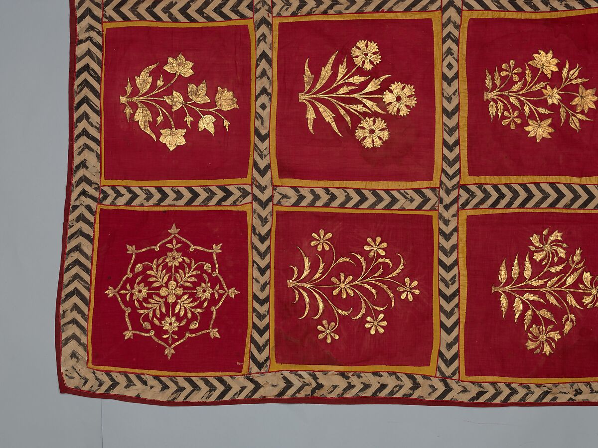 Floral Canopy or Screen, Cotton, gold leaf; plain weave, painted