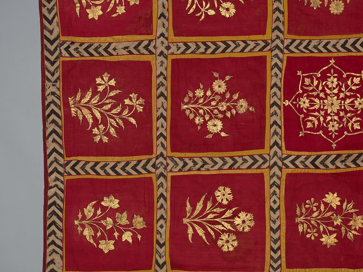 Floral Canopy or Screen, Cotton, gold leaf; plain weave, painted