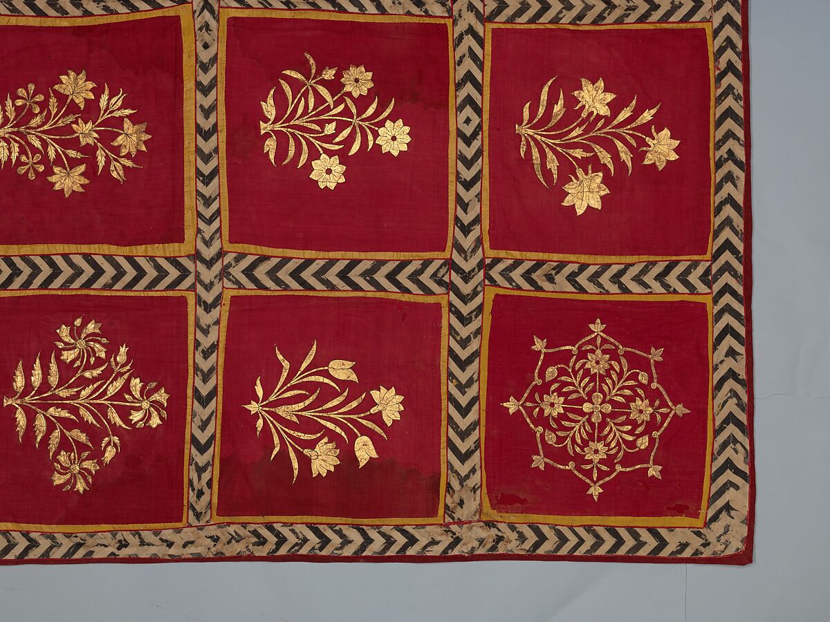 Floral Canopy or Screen, Cotton, gold leaf; plain weave, painted