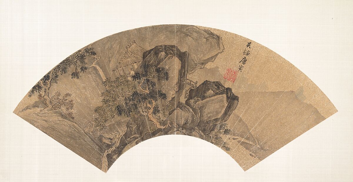 Gazing at a Waterfall, Tang Yin (Chinese, 1470–1524), Folding fan mounted as an album leaf; ink and color on gold-flecked paper, China 