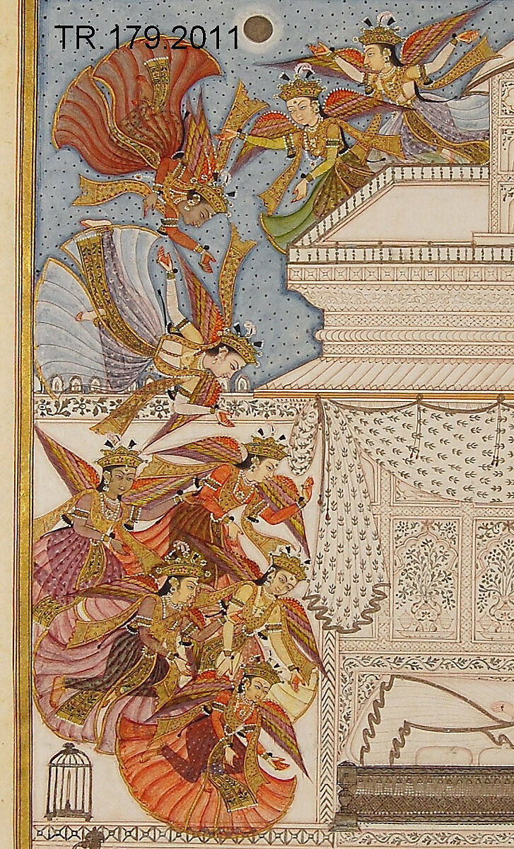 "Fairies Descend to the Chamber of Prince Manohar", Folio from a Gulshan-i 'Ishq (Rose Garden of Love), Ink, opaque watercolor, gold, and silver on paper