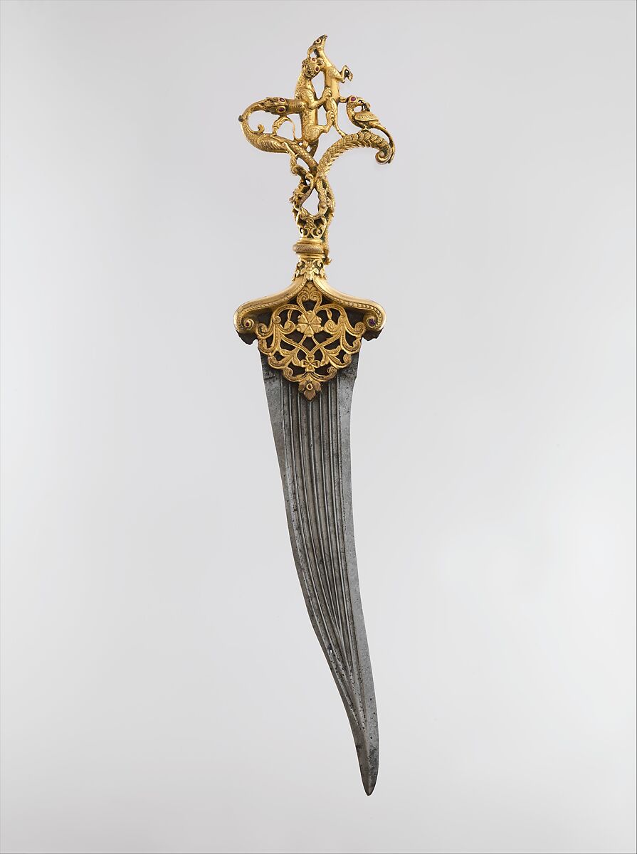 Dagger with Zoomorphic Hilt, Hilt: copper; cast, chased, gilded, and inlaid with rubies.
Blade: steel; forged 