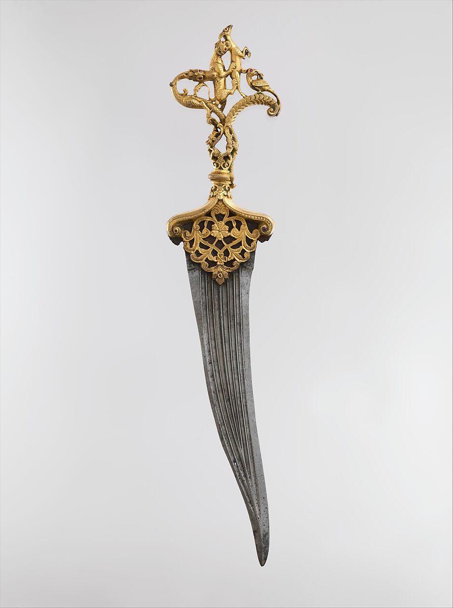 Dagger with Zoomorphic Hilt, Hilt: copper; cast, chased, gilded, and inlaid with rubies.
Blade: steel; forged 