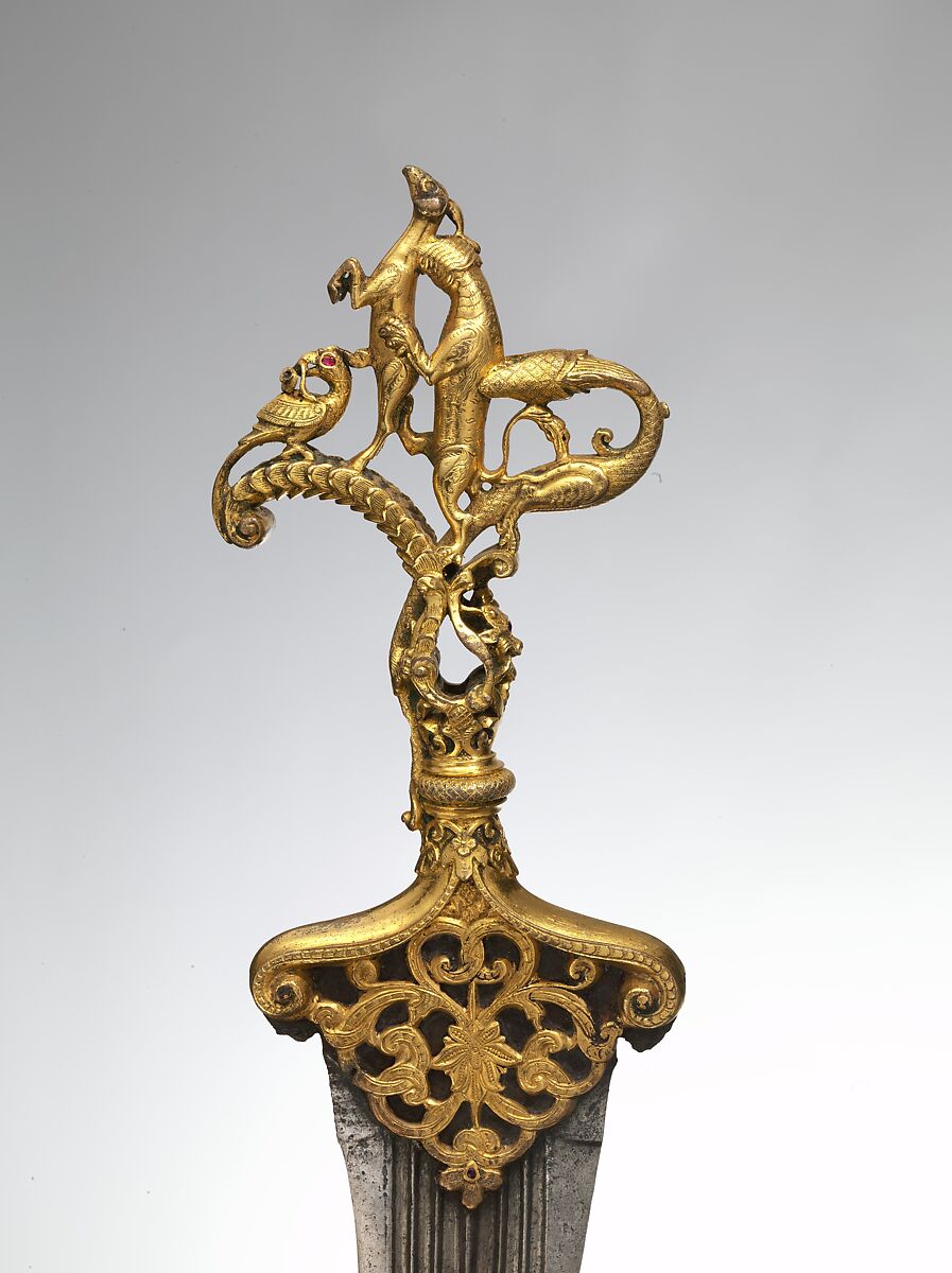 Dagger with Zoomorphic Hilt, Hilt: copper; cast, chased, gilded, and inlaid with rubies.
Blade: steel; forged